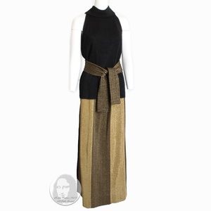 Rudi Gernreich Suit 3pc Top Skirt Sash Belt Black Gold Metallic Knit Vintage 70s